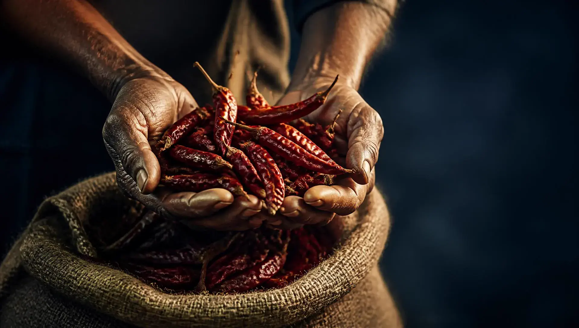 Farmer's hands holding dried red chillies over a jute sack
